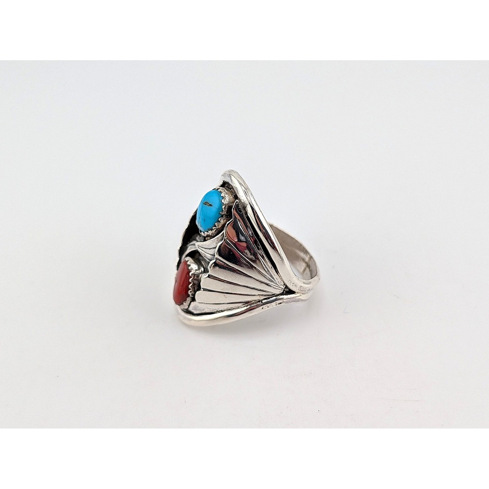 Navajo Men's Ring Sterling Turquoise Coral by J. Begay 13.5 Southwest Artisan*** - Picture 8 of 9